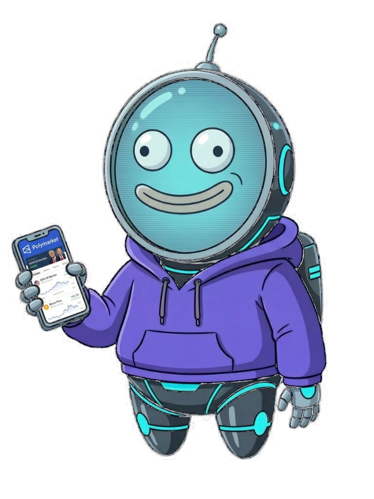 PolyRadar robot mascot holding a phone showing Polymarket